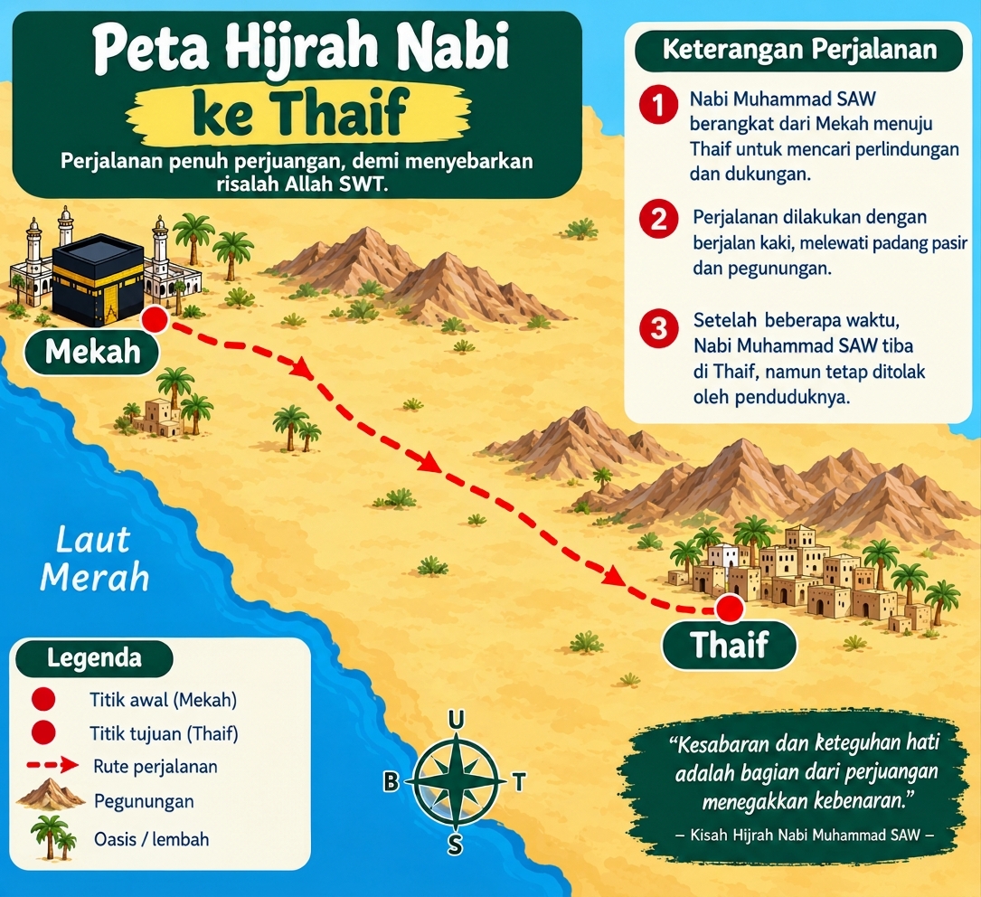 Peta perjalanan Dakwah Rasulullah ﷺ ke kota Thaif